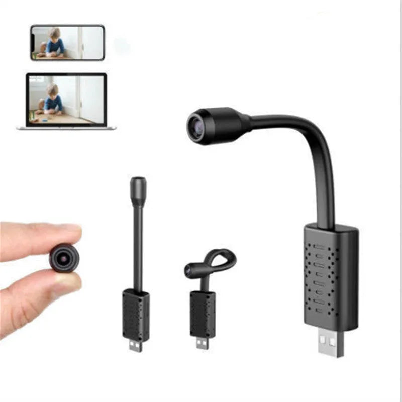 Black V380 wireless USB security camera on a table with night vision and two-way audio.