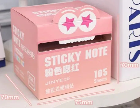 Box of pearl gradient transparent pull-out sticky notes showing 105-page pad and colour options.