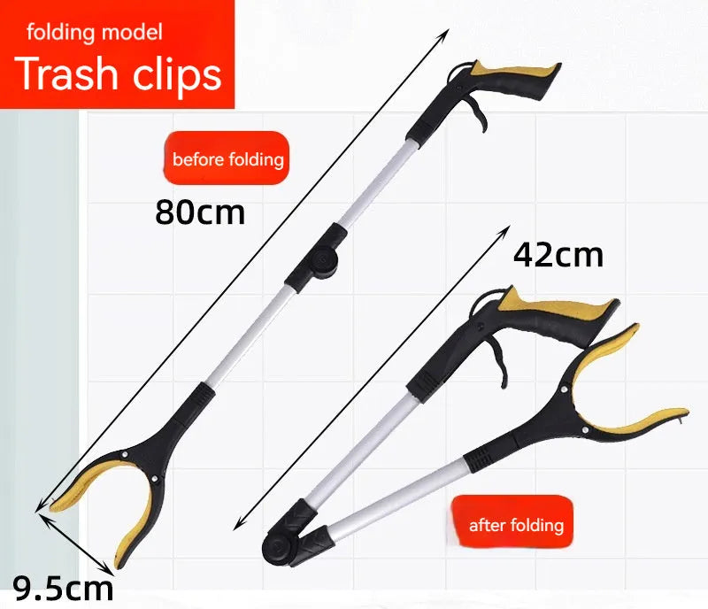 Folding silver and blue trash pick-up tool shown extended and collapsed, with magnet on clamp head.
