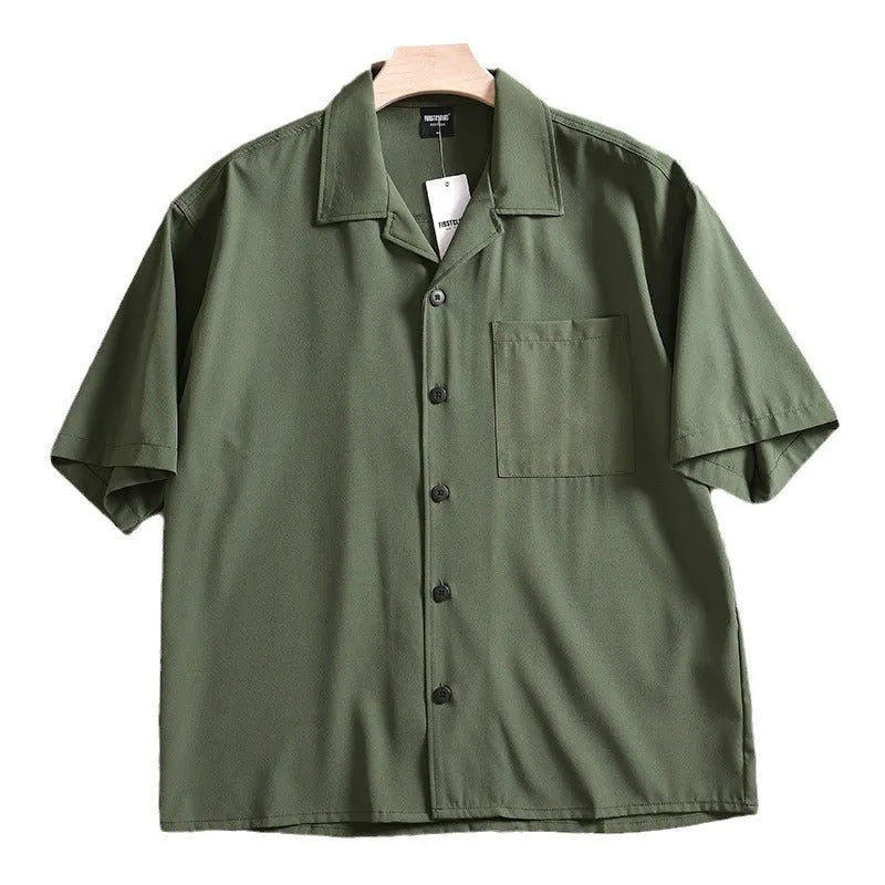 Men's loose fit short sleeve shirt in polyester cotton fabric, shown in army green colour