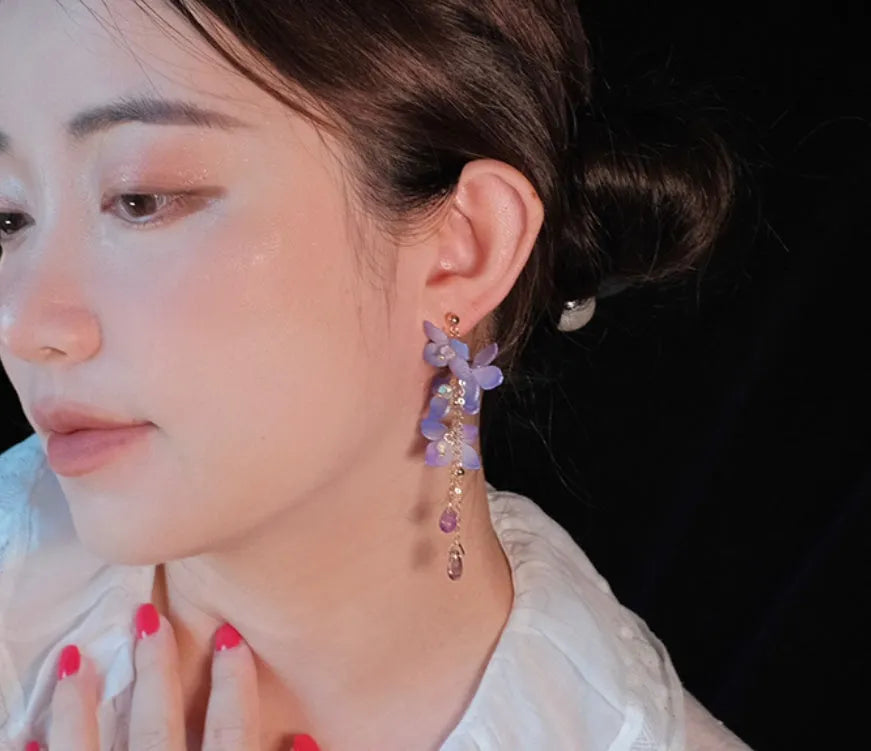Handmade cold blue purple flower long tassel water drop earrings with gold-plated inlaid stone
