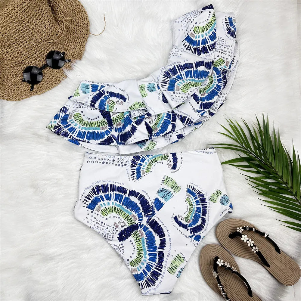 White women's one-shoulder swimsuit with double-layer construction and large lotus leaf detailing