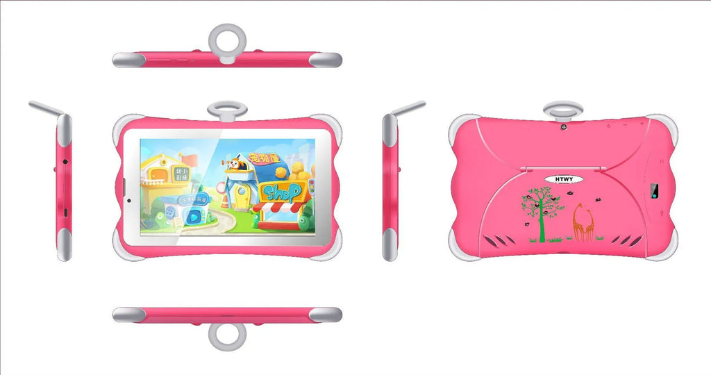 7-inch children's learning tablet in cartoon colours, shown with its foldable stand open, on a table.
