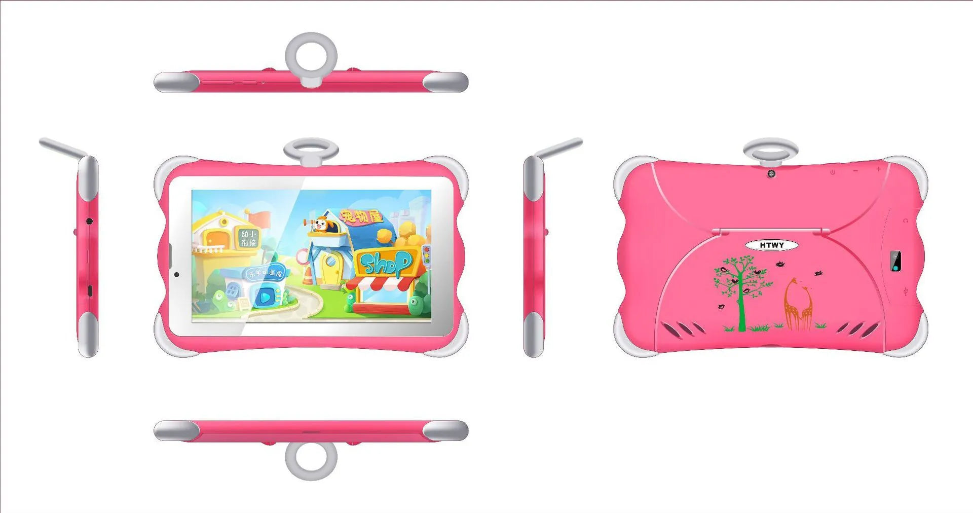 7-inch children's learning tablet in cartoon colours, shown with its foldable stand open, on a table.