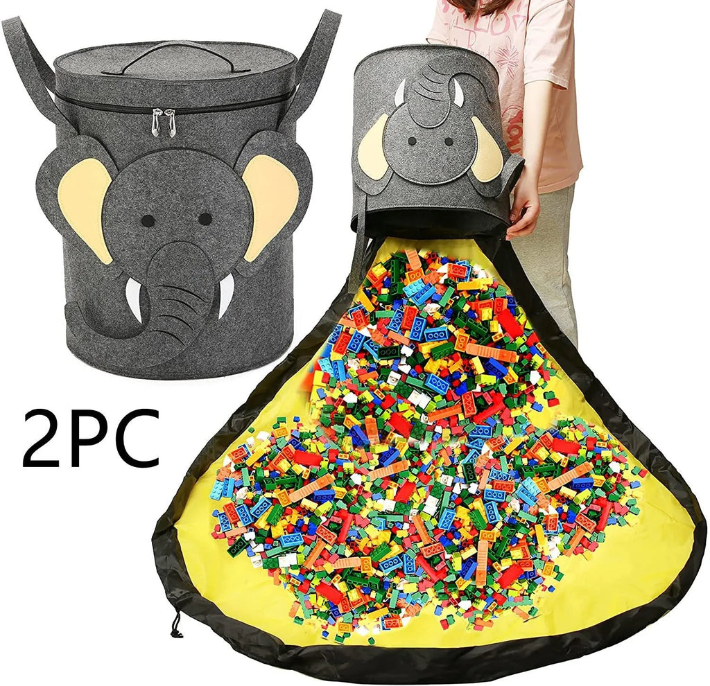 Green felt cube storage bag open as play mat with pull rope closure for toy organisation