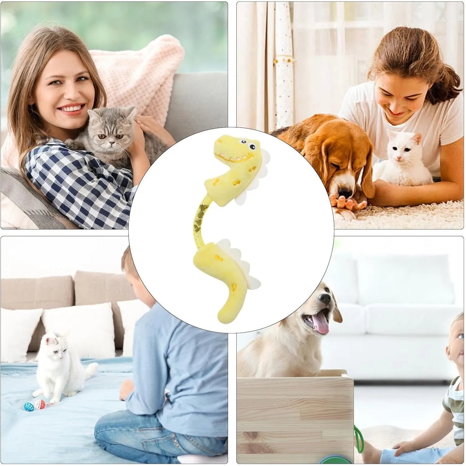 Bundle of four cat toys including a plush fish, rope, springs, and kicker toys in pink, purple, or yellow.