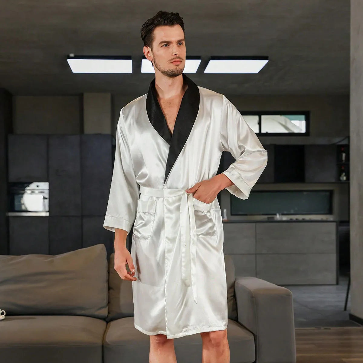 Men's rayon silk bathrobe nightgown with Asian continental sizing in multiple colour options
