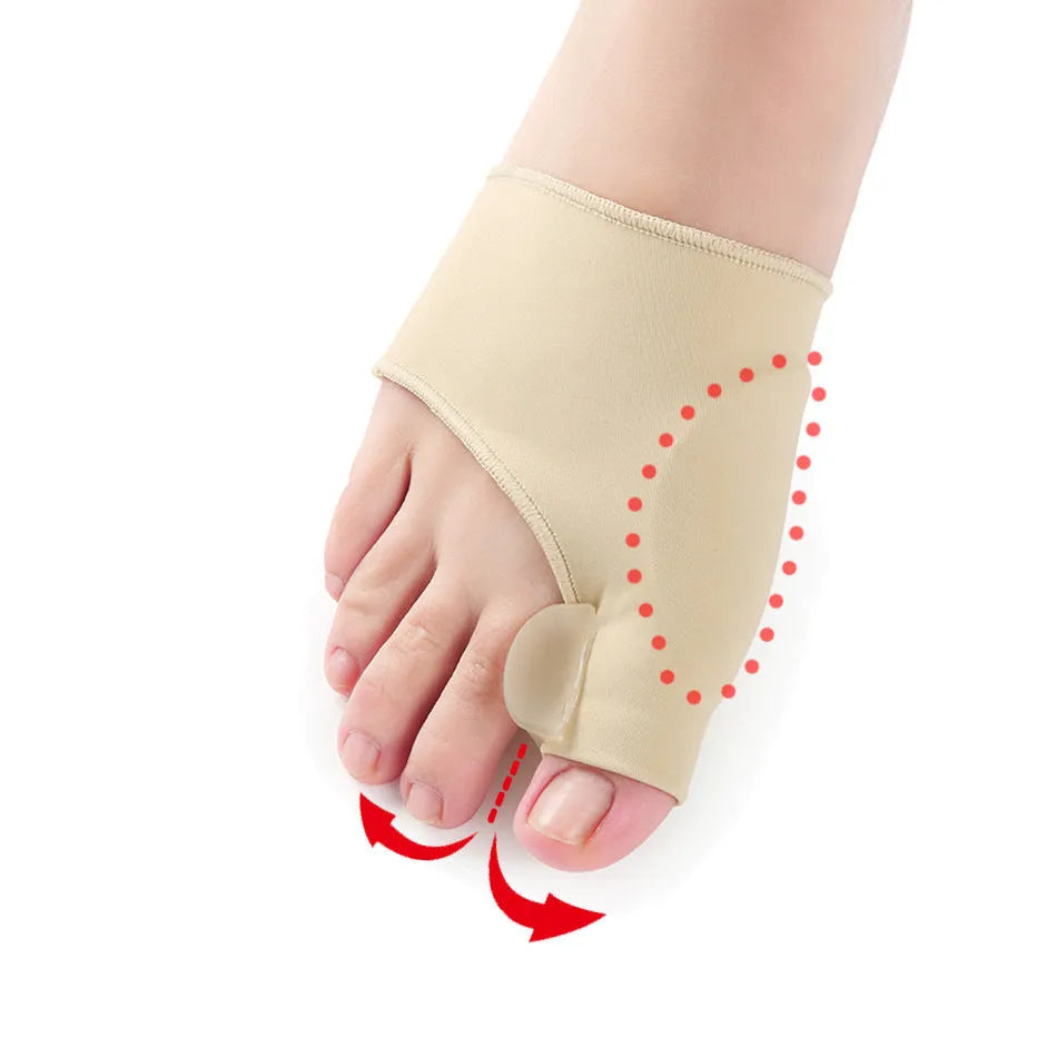 A pair of stretch fabric bunion socks with a soft gel pad and silicone toe separator in sizes small, medium, and large.