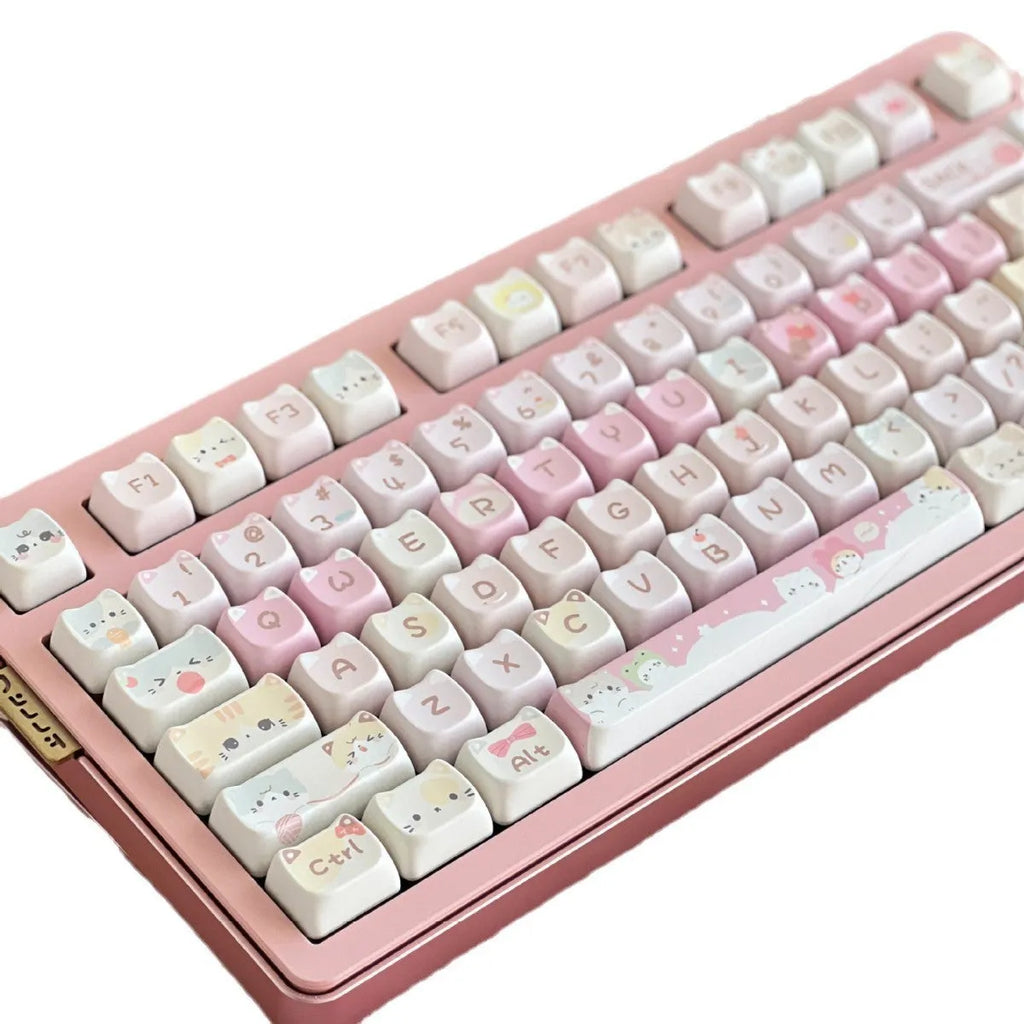 Complete 141-piece set of anime cat themed mechanical keyboard keycaps with five-sided sublimation printing.