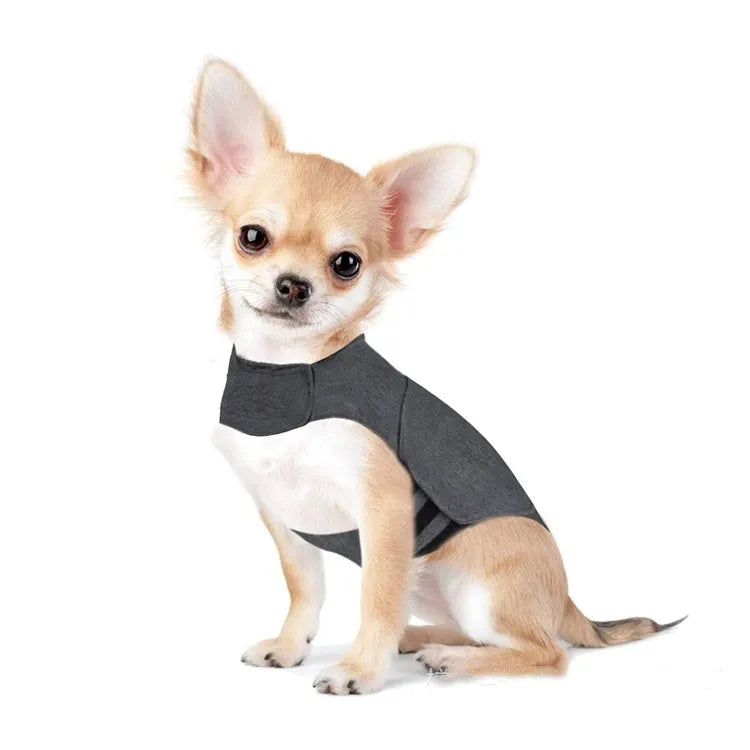 Heather grey dog anxiety jacket vest shown on medium-sized dog with brocade cotton fabric texture visible
