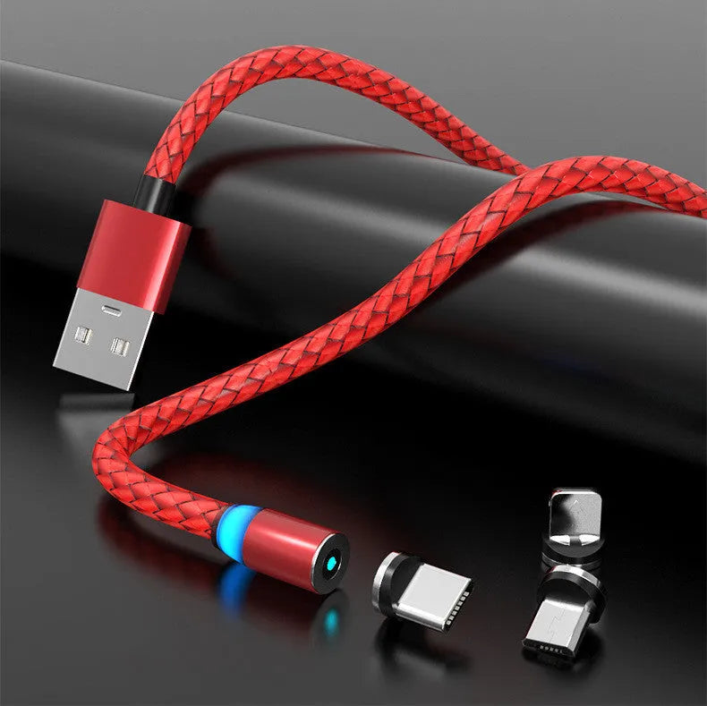 Multi-colour magnetic phone charging cable with breathing LED light and magnetic adapters for USB-C, Lightning, and Micro USB.