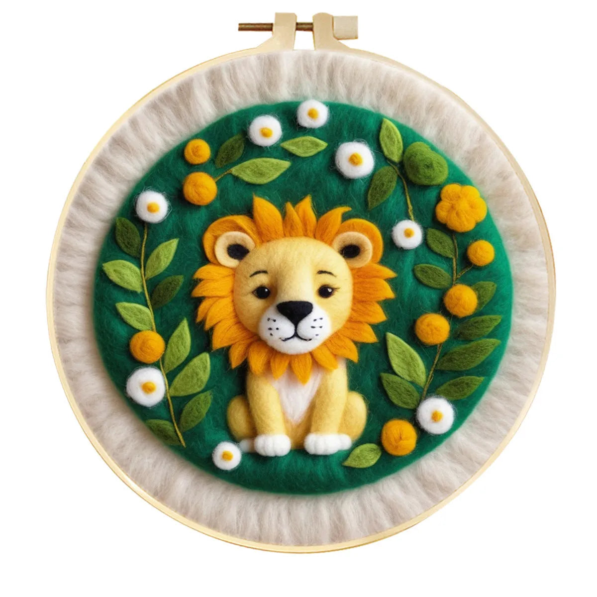 Round linen embroidery kit with wool felt materials for three-dimensional floral design
