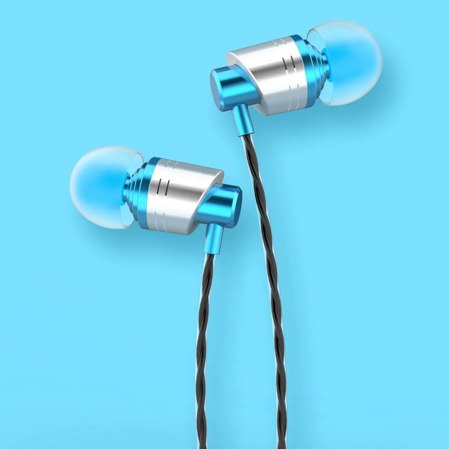 Black in-ear wired headphones with 3.5mm plug and microphone on cable.