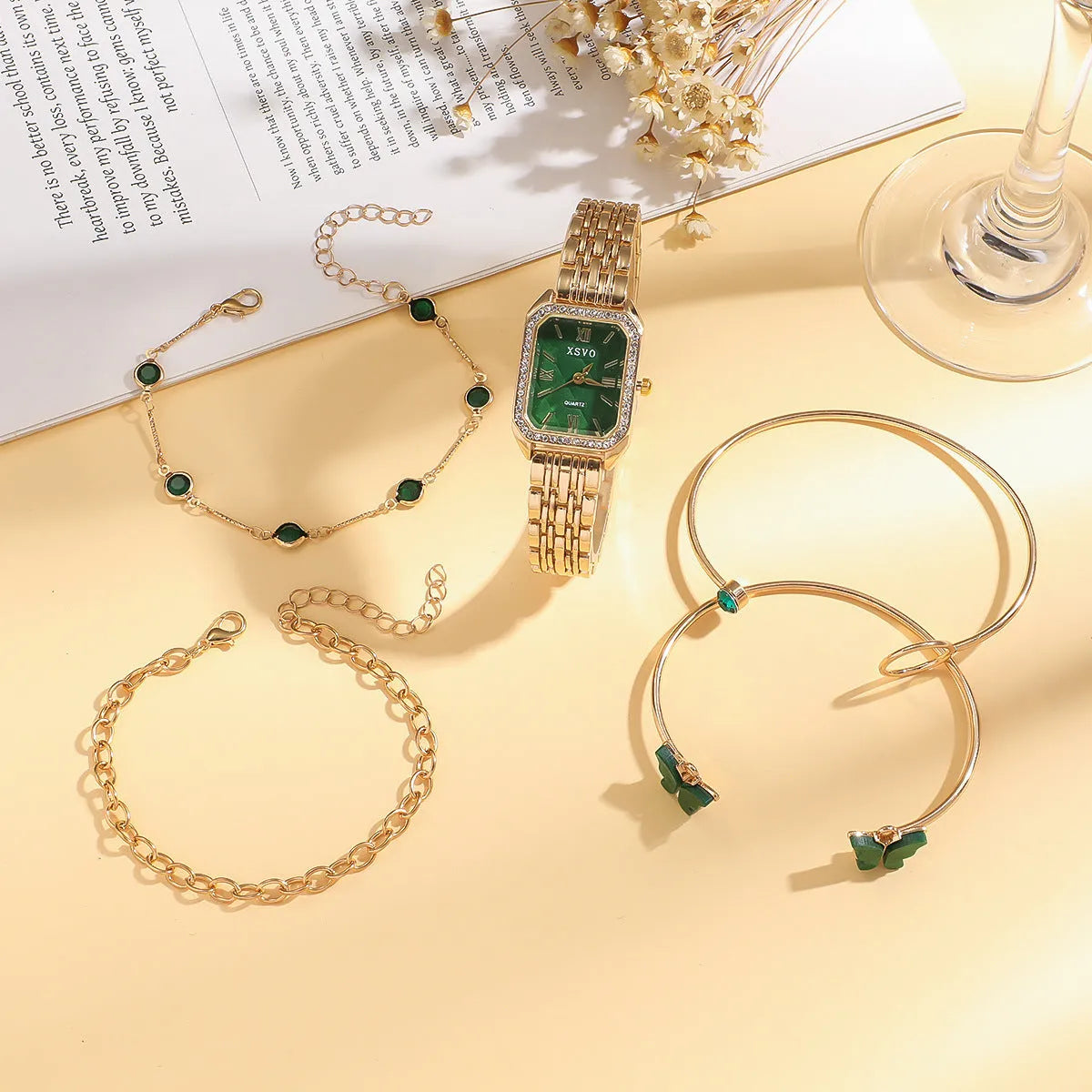 Gold green square women's watch with four matching bracelets in five-piece fashion jewellery set