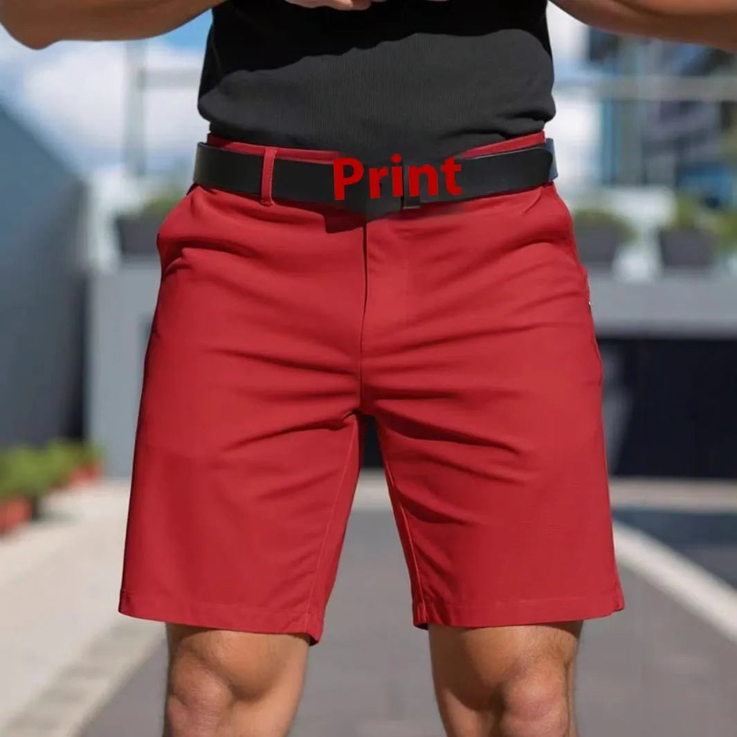 Man wearing straight-leg micro-elastic polyester fifth pants shorts in a choice of nine colours.