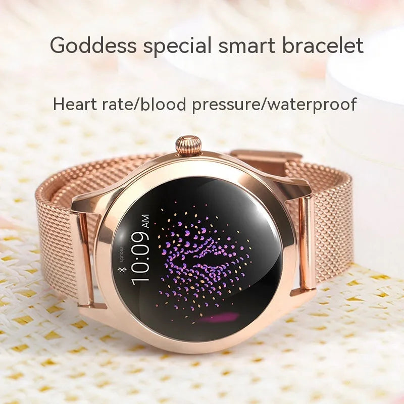 Women's sports smartwatch with heart rate monitor on wrist in rose gold colour