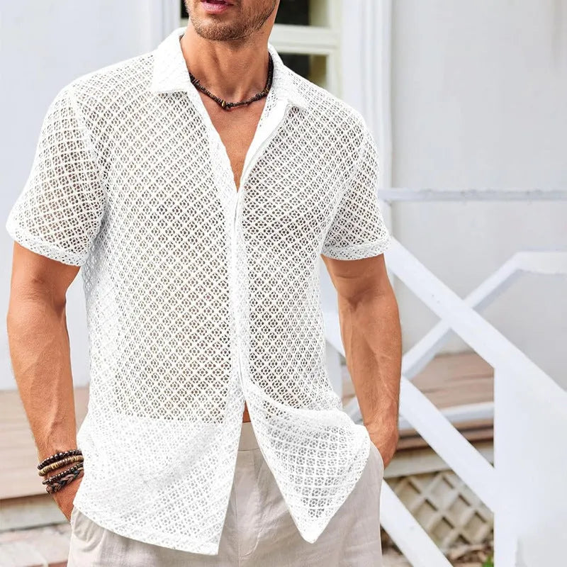 Man wearing a milky white short sleeve mesh cardigan shirt with a lapel collar.