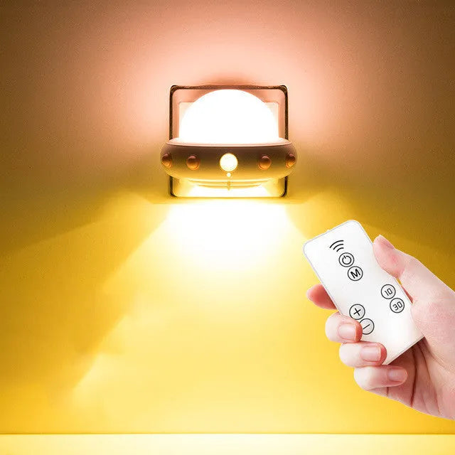 Remote control UFO bedside night light in blue, pink or white with ABS plastic lamp shade