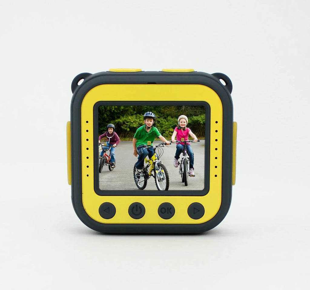 Yellow children's waterproof sports camera with 1.77-inch screen showing HD recording interface
