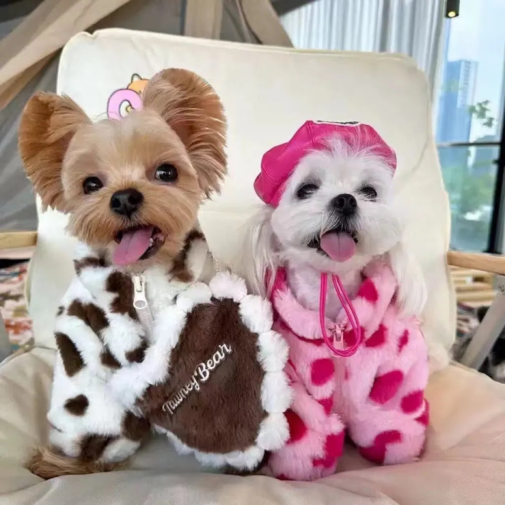 Pink polyester warm coat for small dog on white background showing British-style design