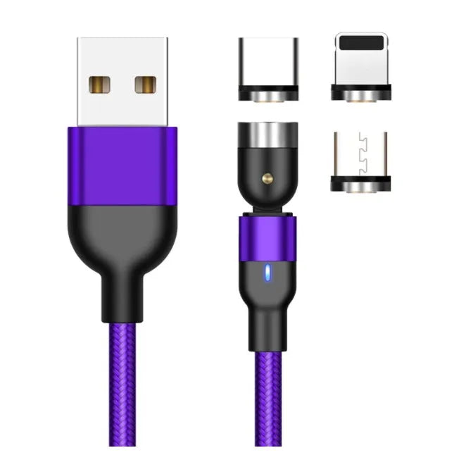 Essager black magnetic USB charging cable showing 360-degree rotating connector and blue LED light.