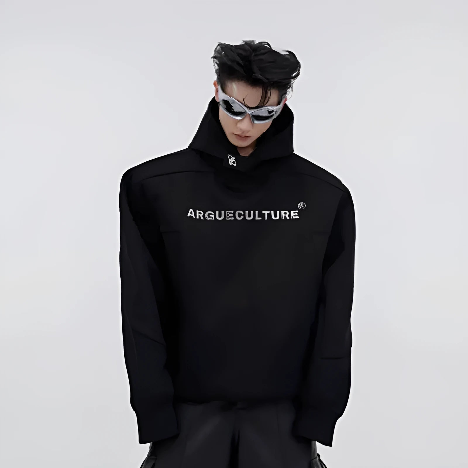 Men's loose fit hooded sweater with heavy shoulder pads and 3D printed design in red