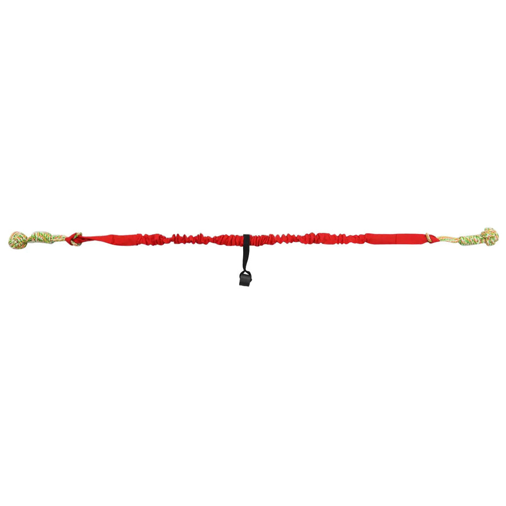 A thick woven cotton dog tug of war rope toy in red, held at both ends.