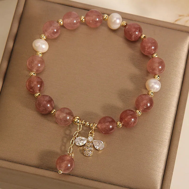 Freshwater pearl and strawberry quartz bracelet for women with zircon accents on alloy links