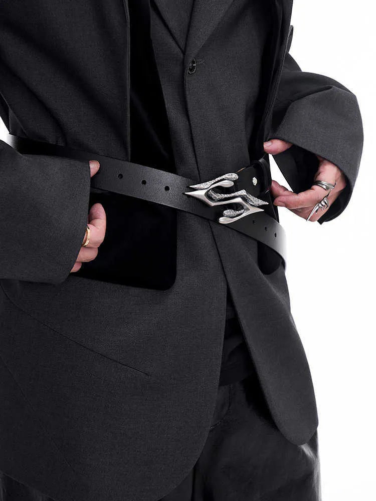 Black men's two-layer cowhide leather belt with a metal letter buckle, length 110cm.