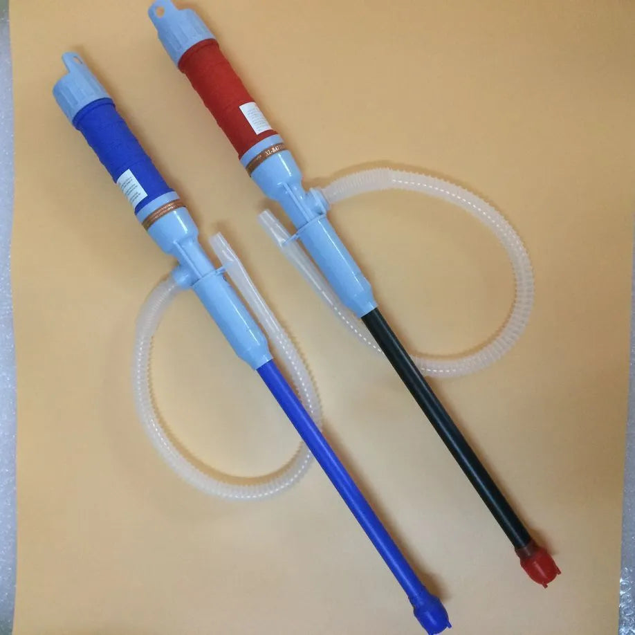 Blue manual hand siphon pump for transferring gasoline and oil, made from PP plastic.