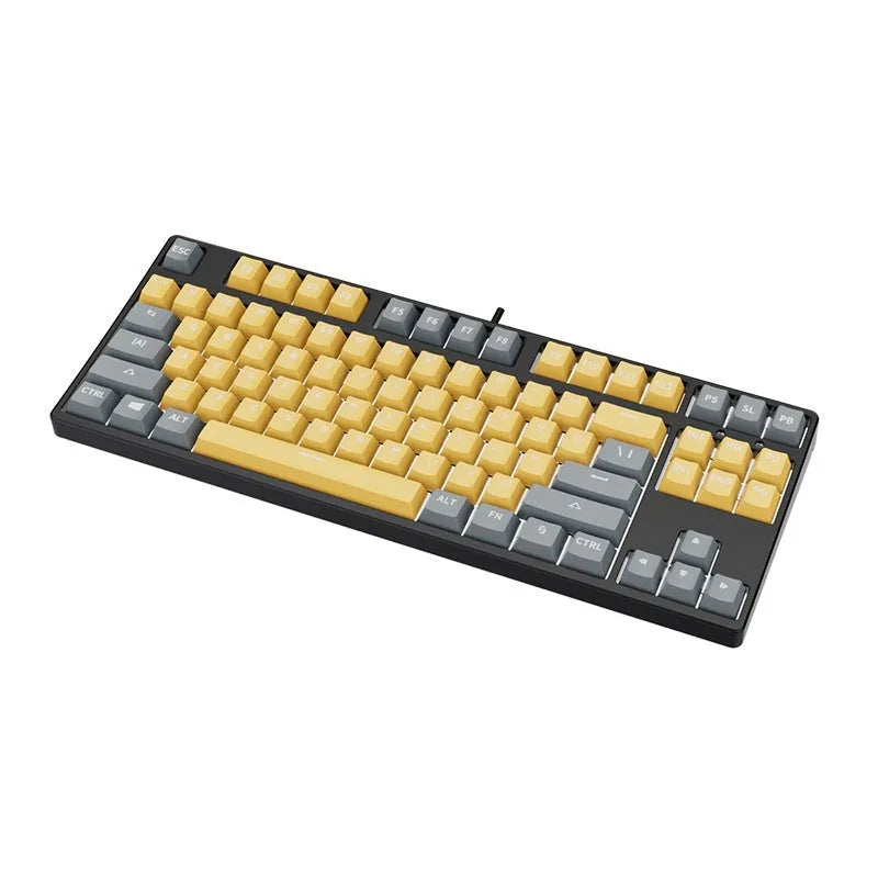 87-key wired mechanical gaming keyboard with hot-swappable switches shown in a two-tone colour scheme on a metal chassis.