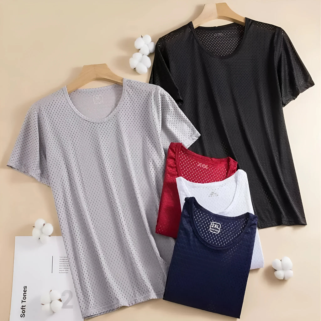 Man wearing a loose-fit ice silk short sleeve T-shirt in a solid colour.