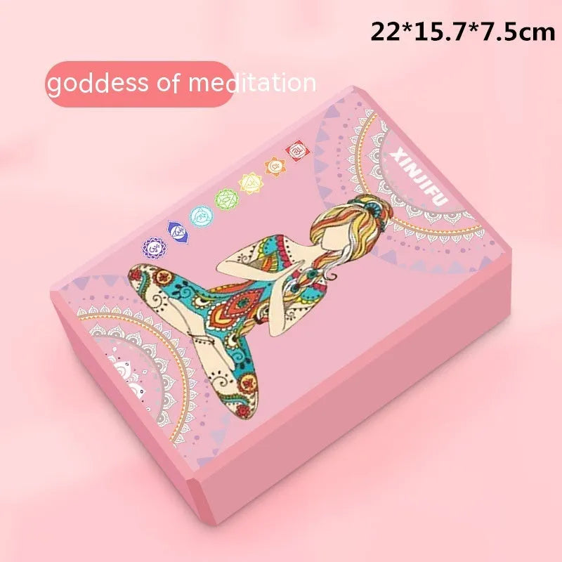 High-density EVA yoga block in a selection of solid colours and printed designs.