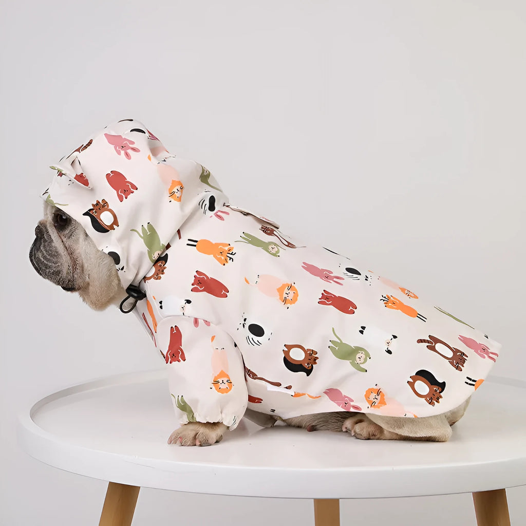 Beige cartoon dog raincoat with waterproof PU coating for small to extra large breeds