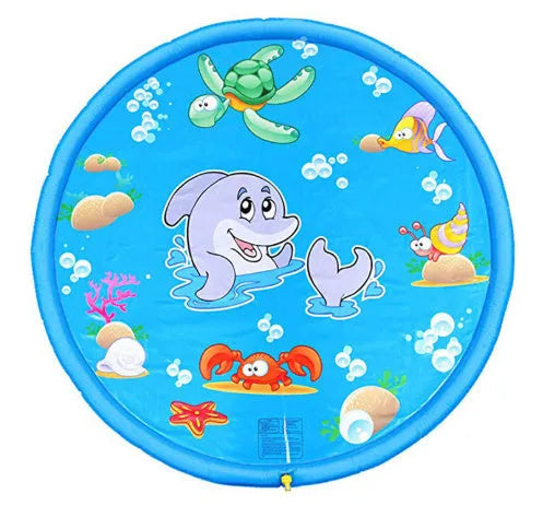 Blue PVC children's water spray mat with marine animal designs laid on grass, connected to a garden hose.
