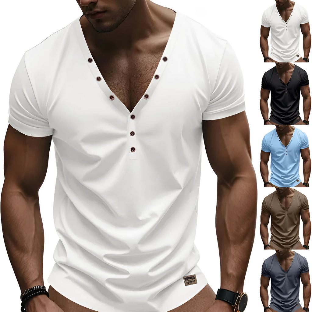 Men's loose V-neck pullover top with button detail in solid colour options