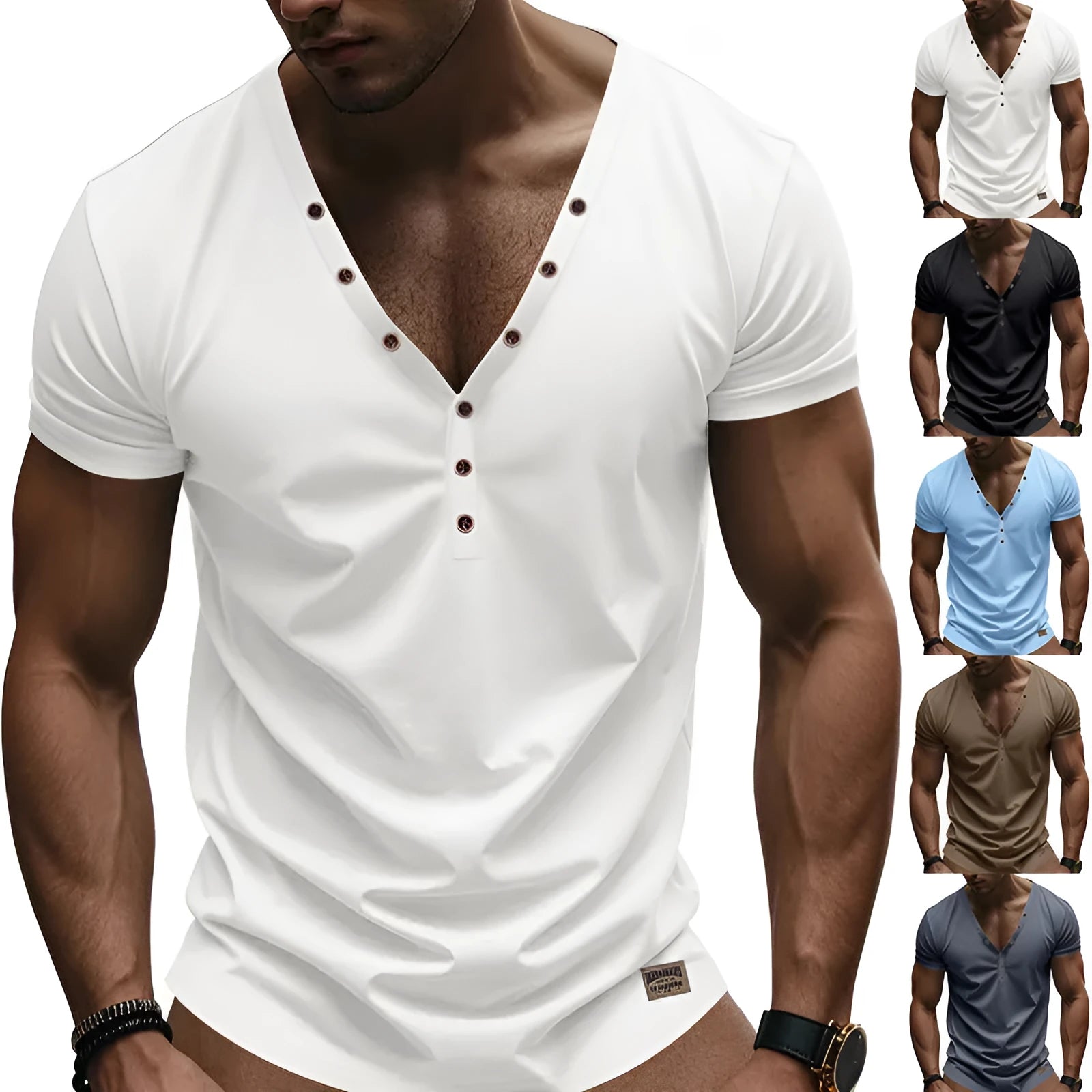 Men's loose V-neck pullover top with button detail in solid colour options