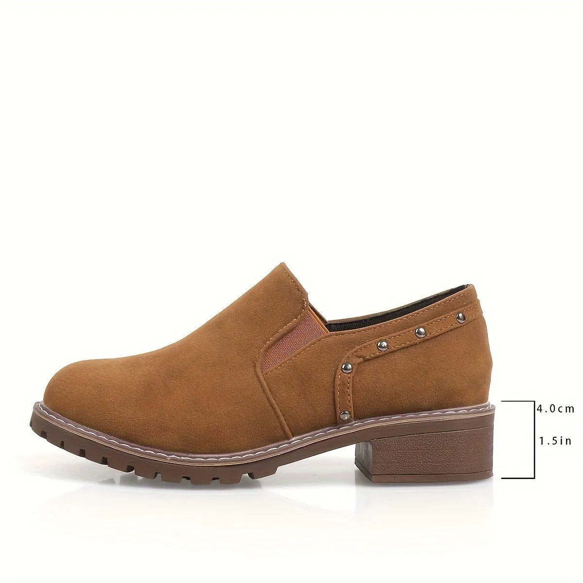 Women's light brown suede ankle boots with a thick low heel and elastic band fastening.