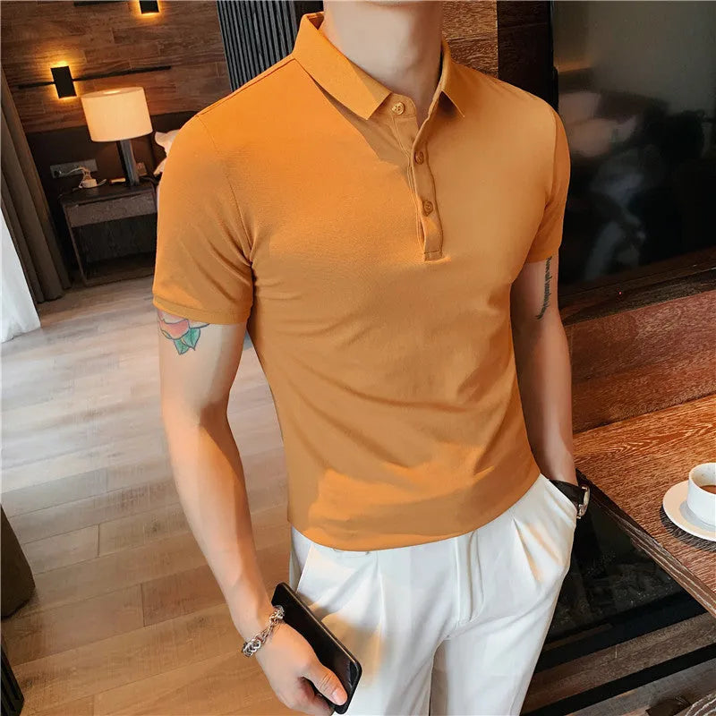 Slim-fit solid colour polo shirt with lapel collar and short sleeves on a hanger.
