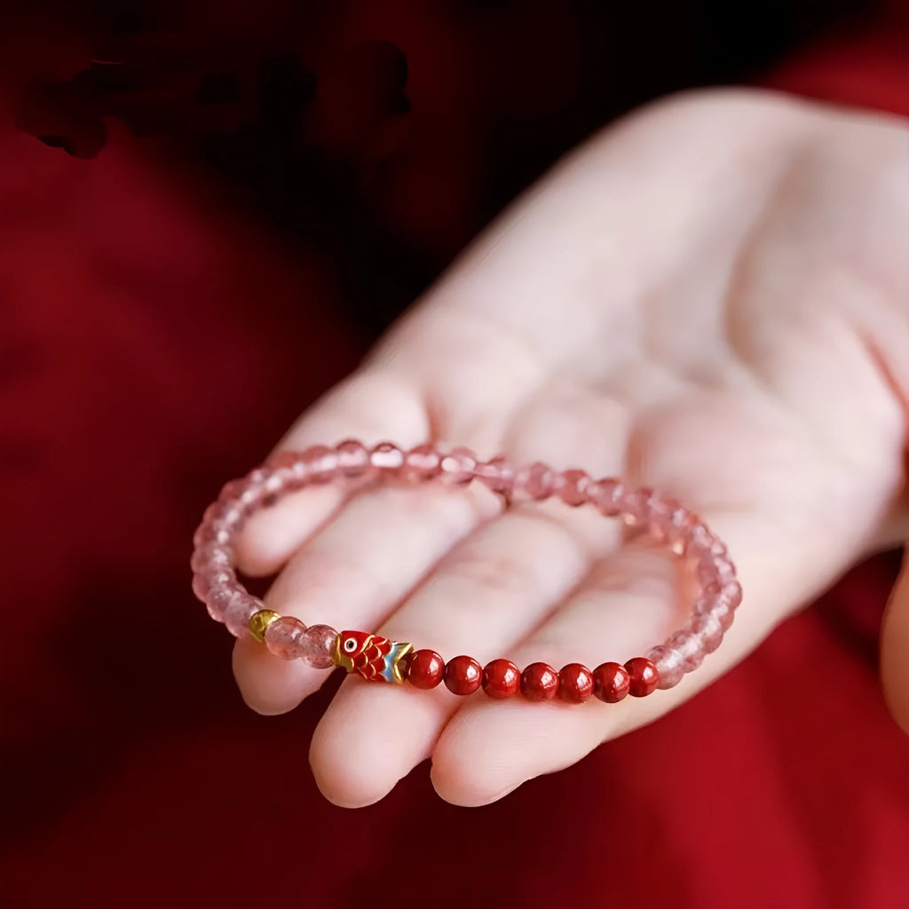 Purple cinnabar and strawberry quartz women's bracelet with lucky beads and peach blossom retro design