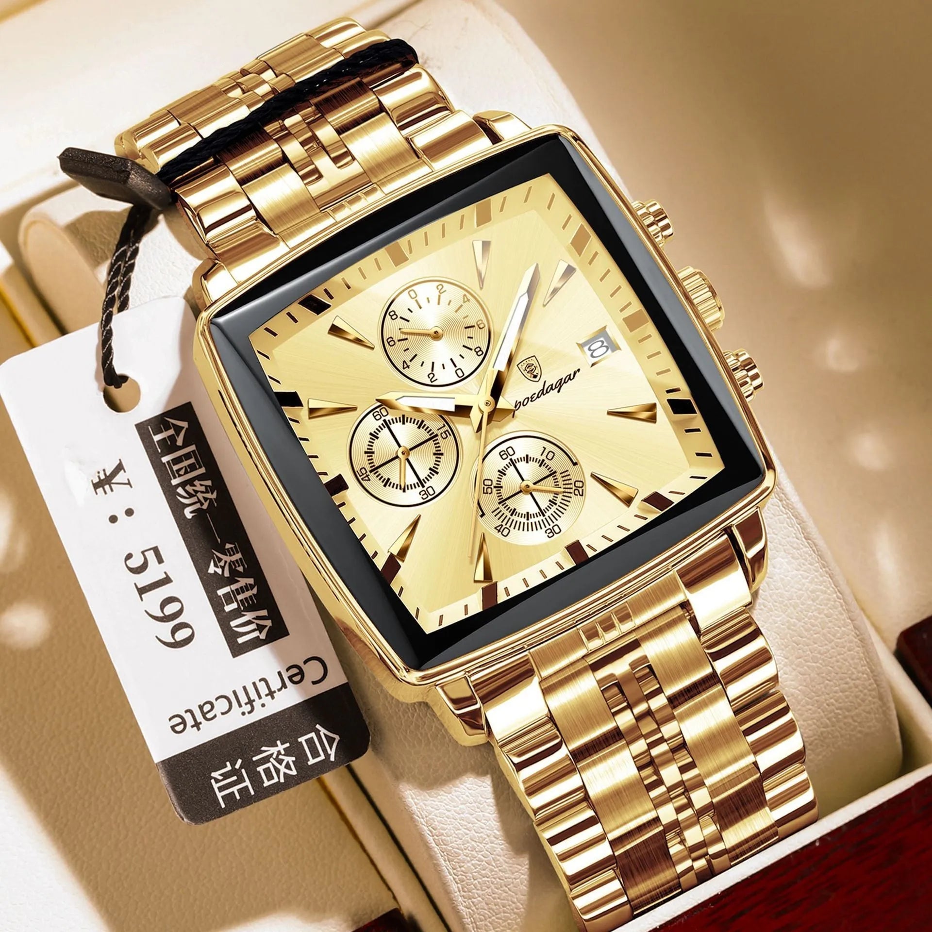 Square men's business quartz watch with stainless steel strap and butterfly buckle