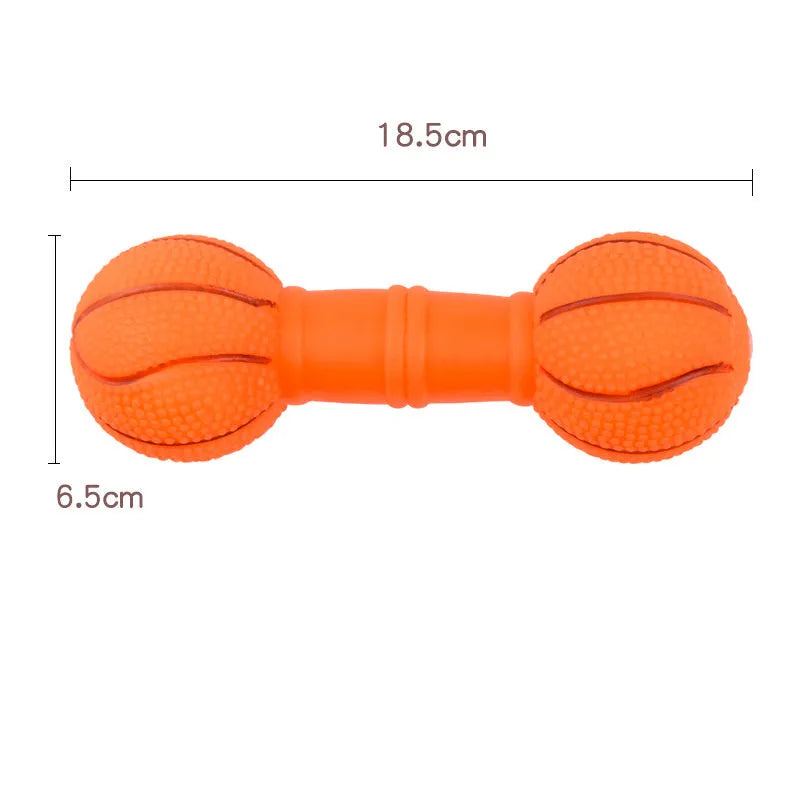 Brown, orange, white, and yellow PVC squeaky football dumbbell shaped dog chew toy