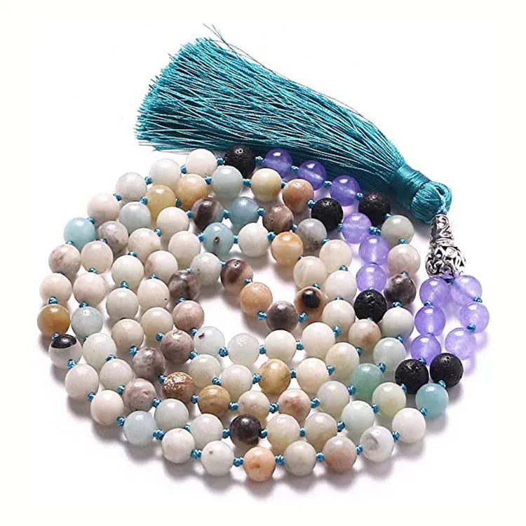 Long unisex agate and amethyst tassel necklace with blue grain stone and lapis lazuli on geometric pendant