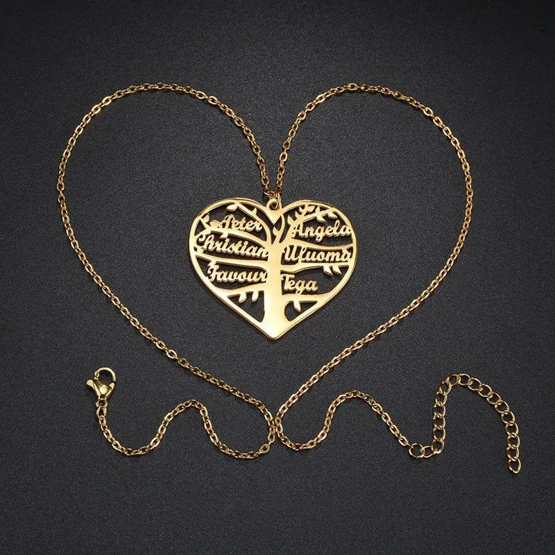 Custom stainless steel necklace with hollow heart lucky tree pendant engraved with names, shown in silver, gold, and rose gold colours.