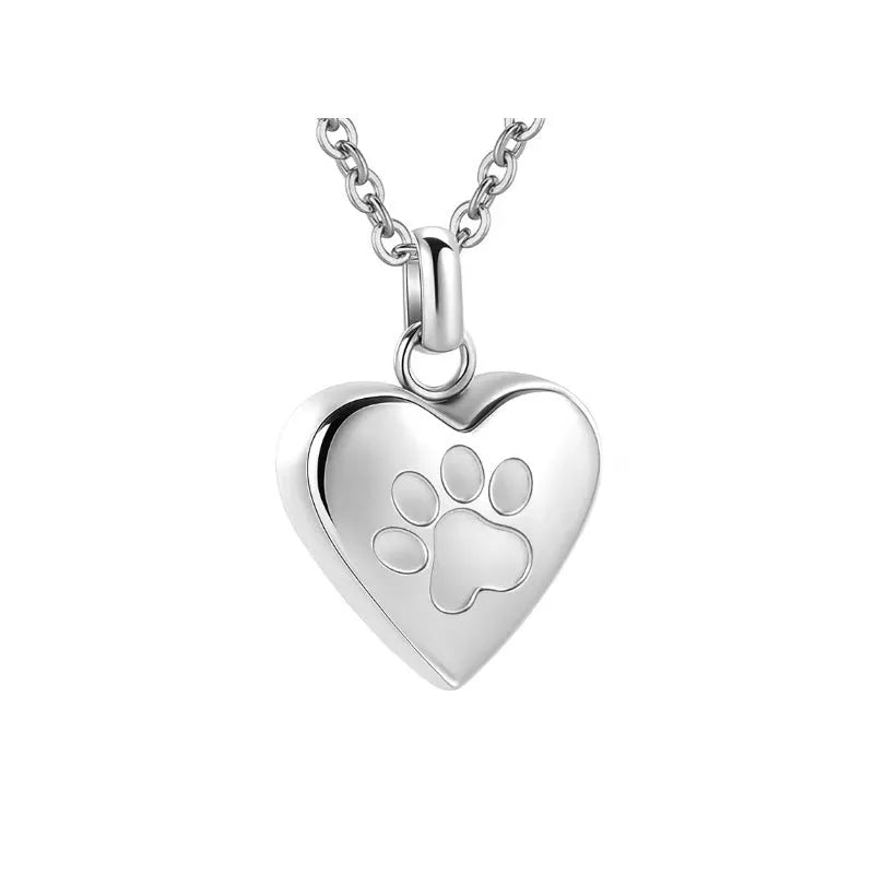 Openable heart-shaped titanium steel cinerary necklace with love paw print design in five colour options.