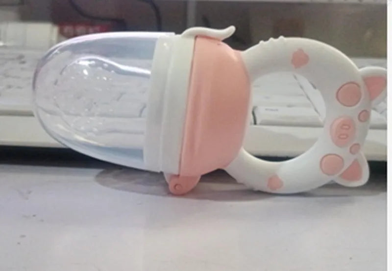 Soft silicone baby teether in blue, green, and pink colours with one or three mouthpiece options.