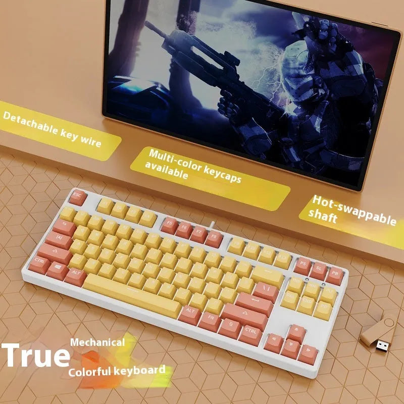 87-key wired mechanical gaming keyboard with hot-swappable switches shown in a two-tone colour scheme on a metal chassis.