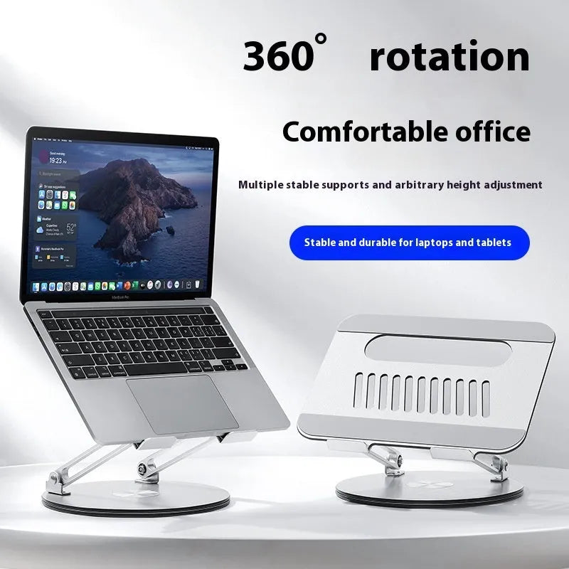 Silver aluminium laptop stand with height adjustment mechanism in folded position
