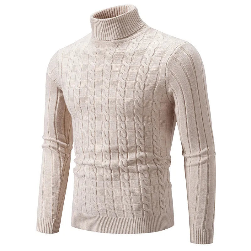 Men's slim fit chenille turtleneck pullover sweater showing twist texture design in beige colour