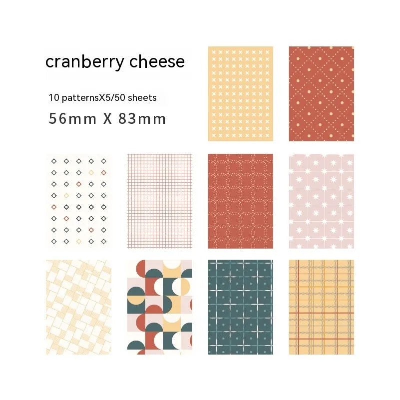 Retro collage note paper in ten pastel colours, each sheet 56mm by 83mm.